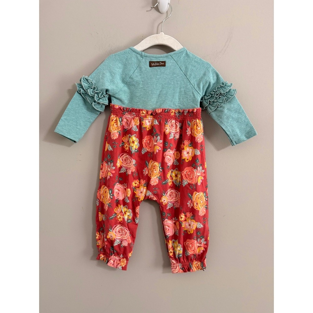 Matilda Jane Floral Romper Kids 6-12M Teal Red Ruffle Sleeve Long Sleeve - Picture 5 of 5